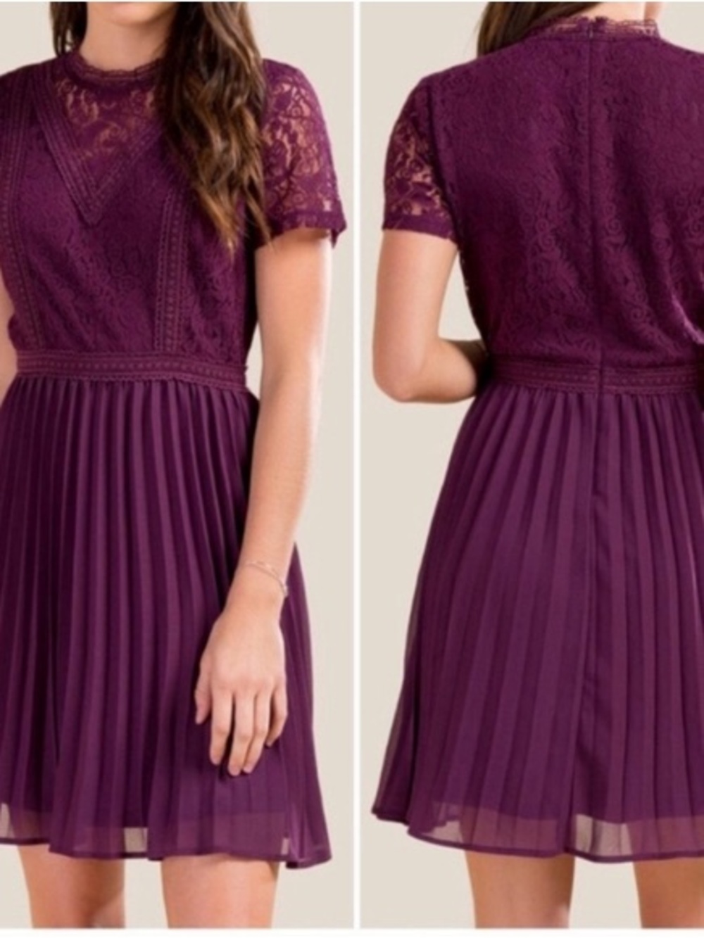 Francesca's Collections Plum Lace Pleated Mini Dress, S, EUC